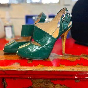 Giuseppe Zanotti Patent Leather Peep Toe Stiletto Sandals in Green - Size 38/8